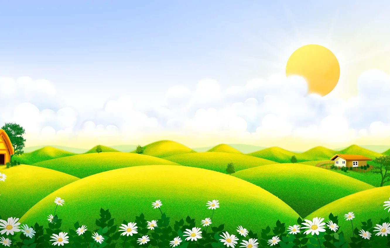 Фото обои лето, солнце, цветы, ромашки, луг, арт, домик