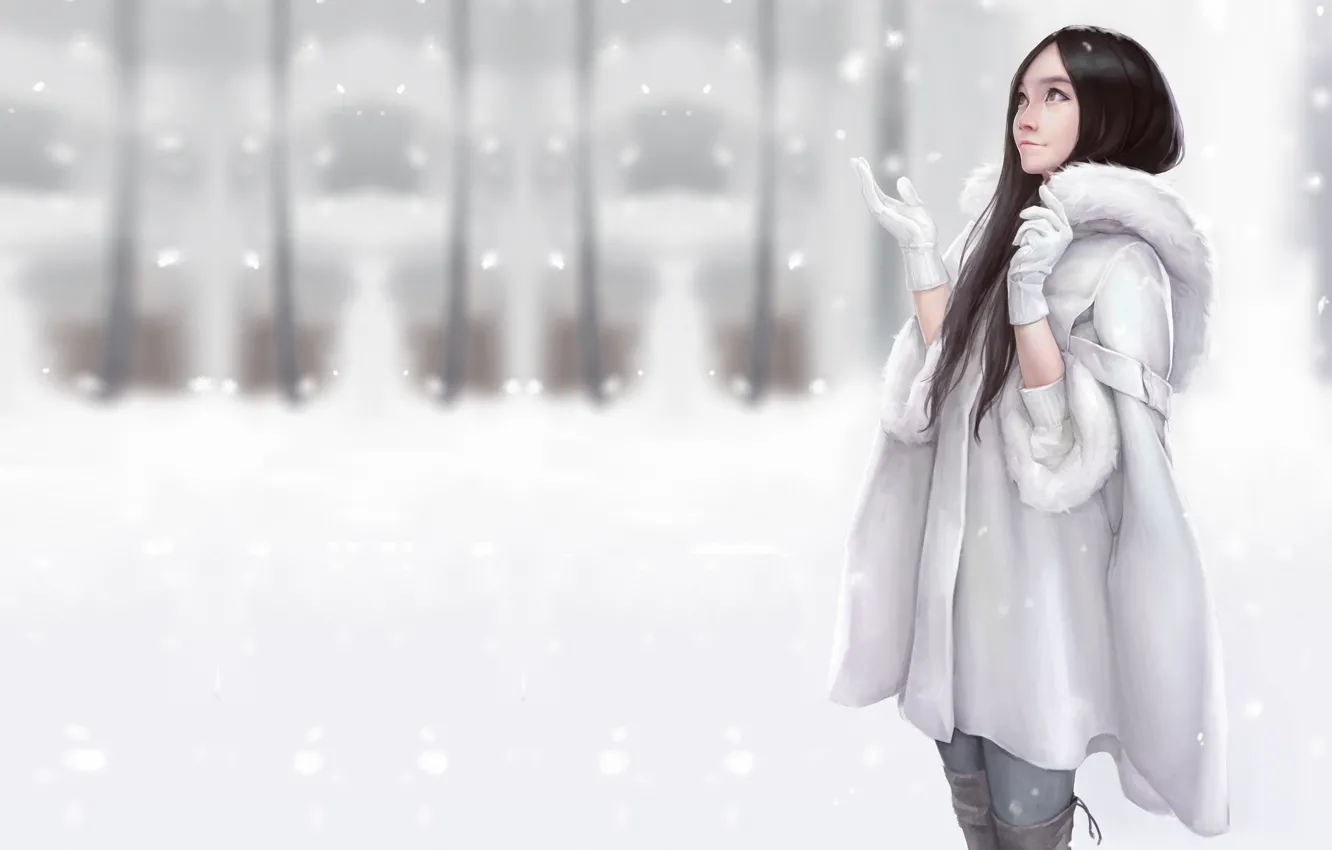Фото обои зима, снег, настроение, арт, шубка, Maou Renjishi