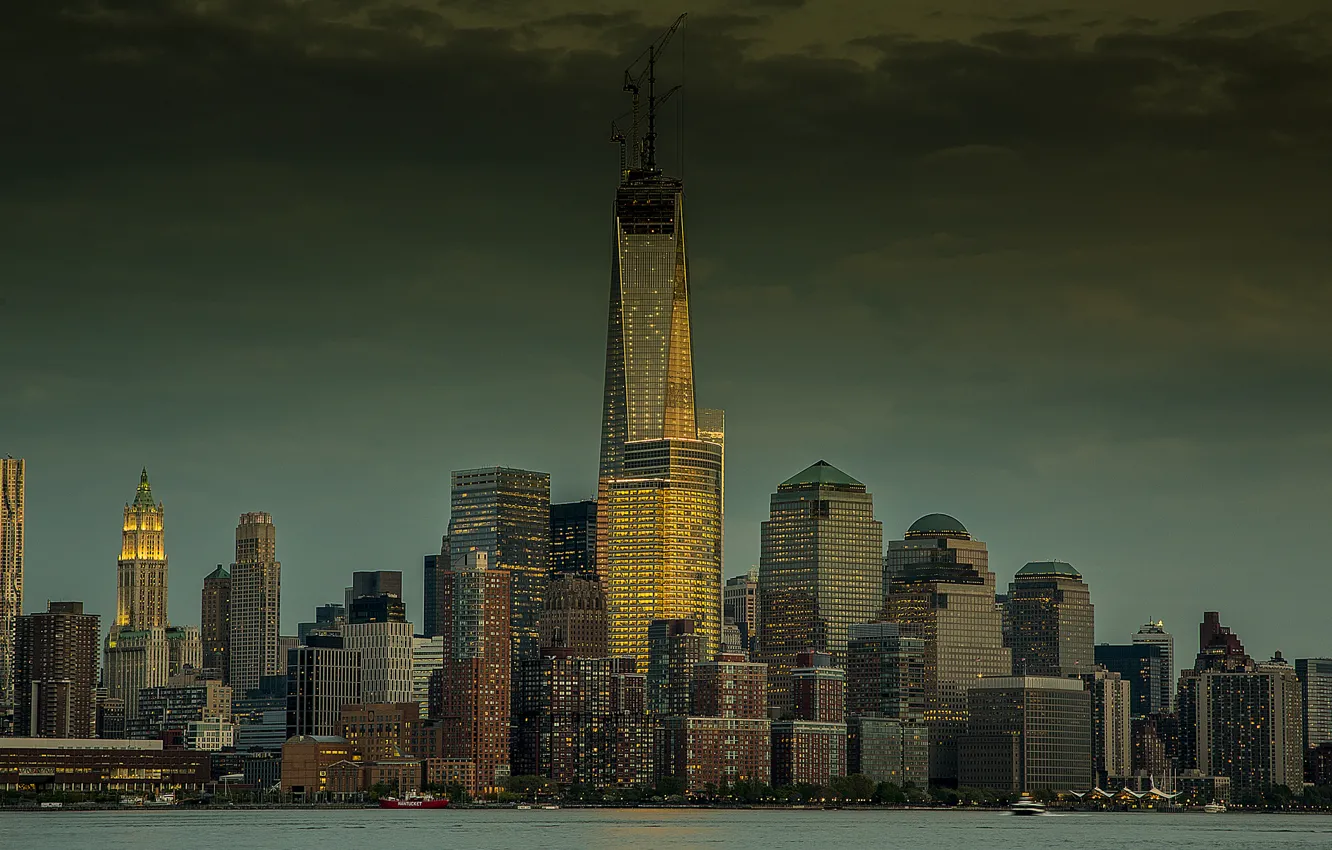 Фото обои город, вид, Нью-Йорк, небоскребы, вечер, панорама, USA, Манхэттен