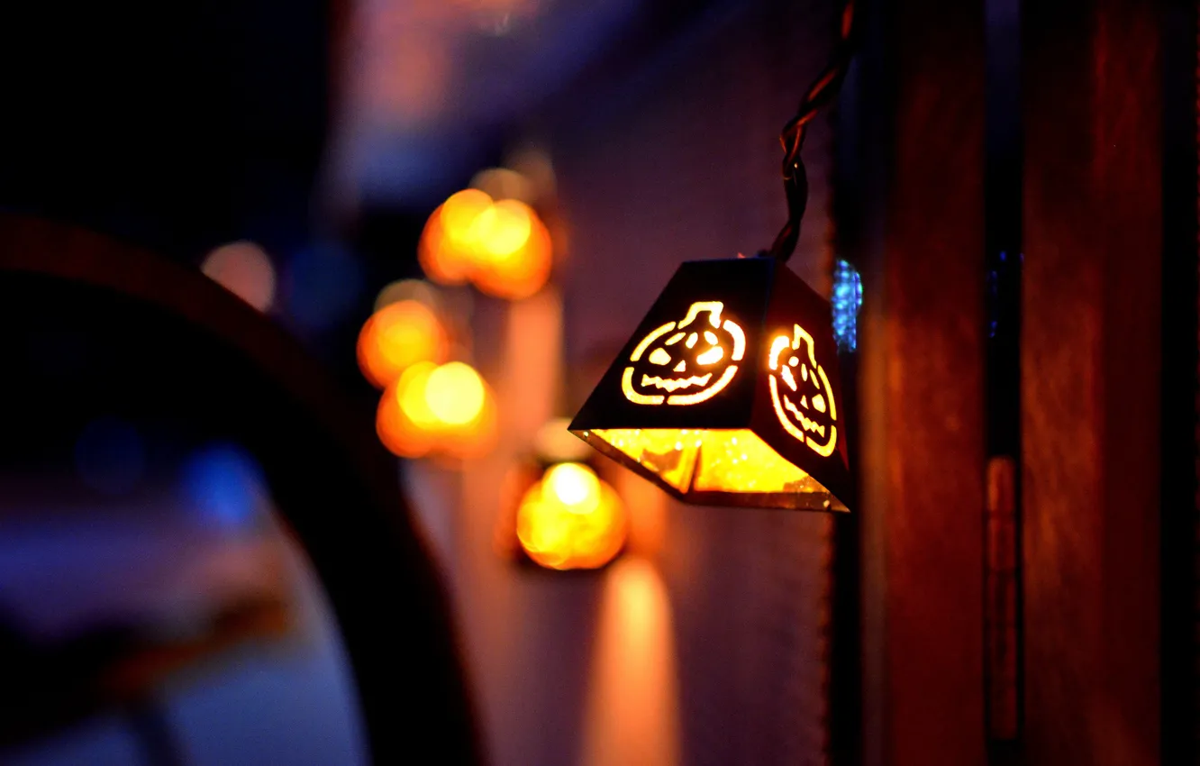 Фото обои ночь, улица, размытость, фонарь, Halloween, боке, светильник Джека