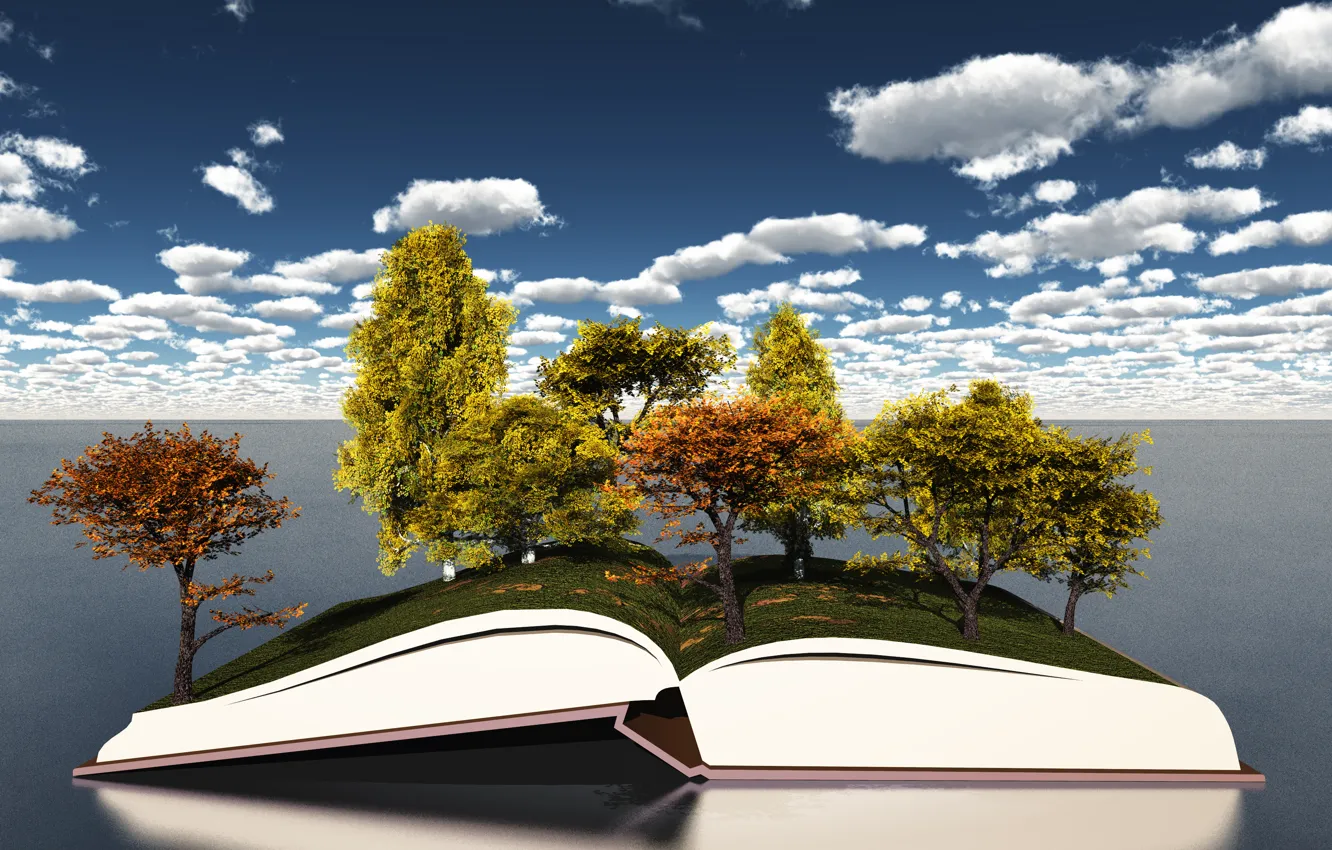 Фото обои осень, небо, облака, деревья, листва, открытая книга