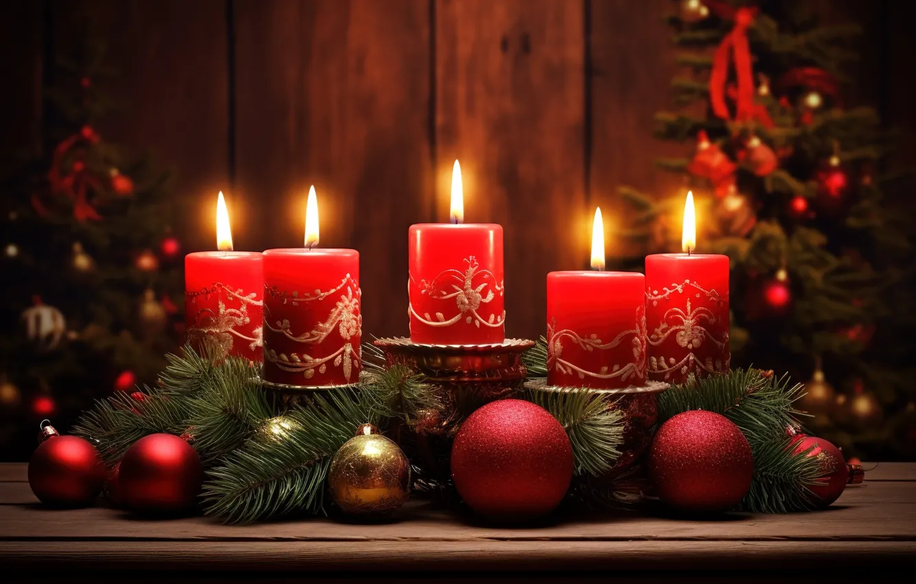 Фото обои украшения, шары, свечи, Новый Год, Рождество, red, new year, Christmas
