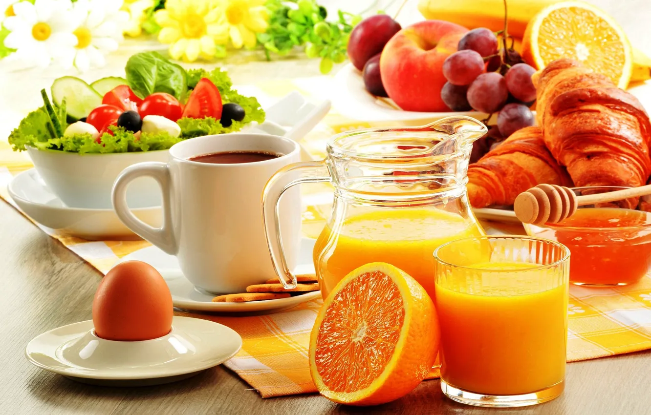 Фото обои яйцо, кофе, апельсин, завтрак, сок, мед, фрукты, салат