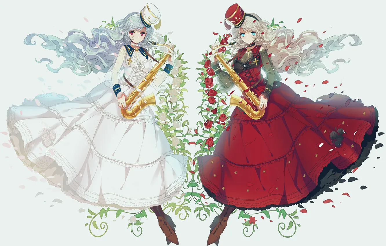 Фото обои цветы, девушки, розы, шляпа, аниме, лепестки, арт, саксофон