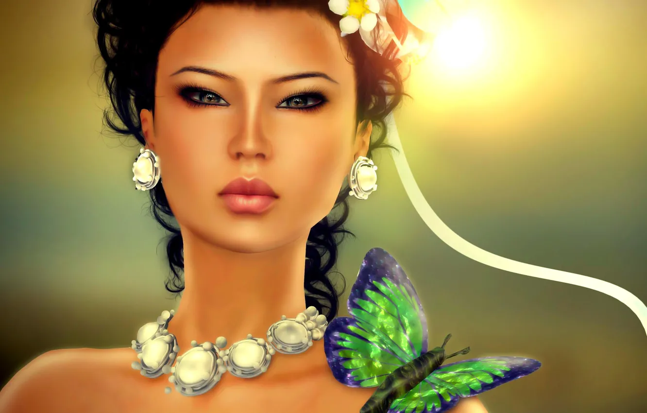Фото обои взгляд, девушка, лицо, бабочка, ожерелье, лента