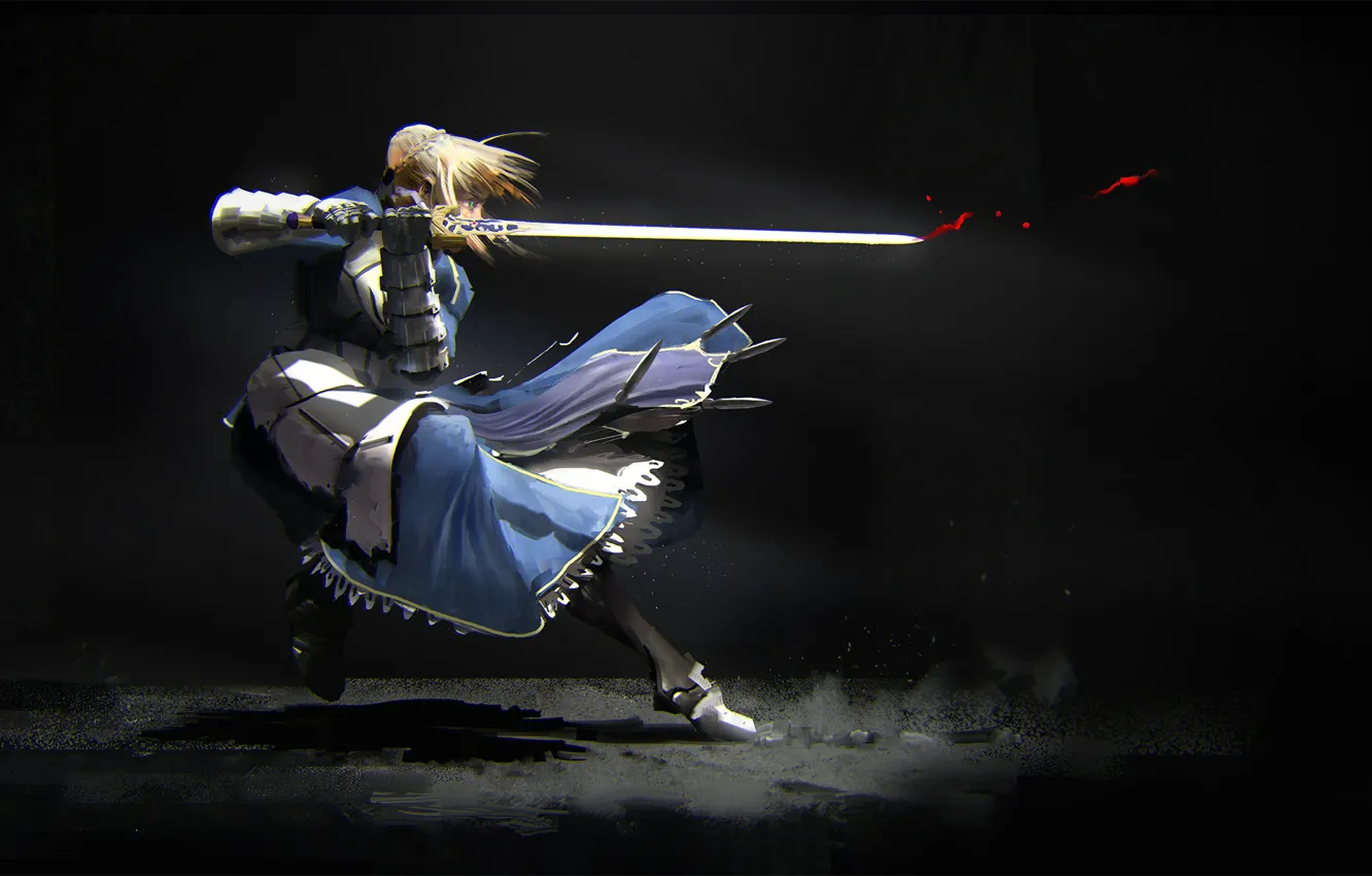 Фото обои девушка, движение, меч, сейбер, Судьба ночь схватки, Fate / Stay Night