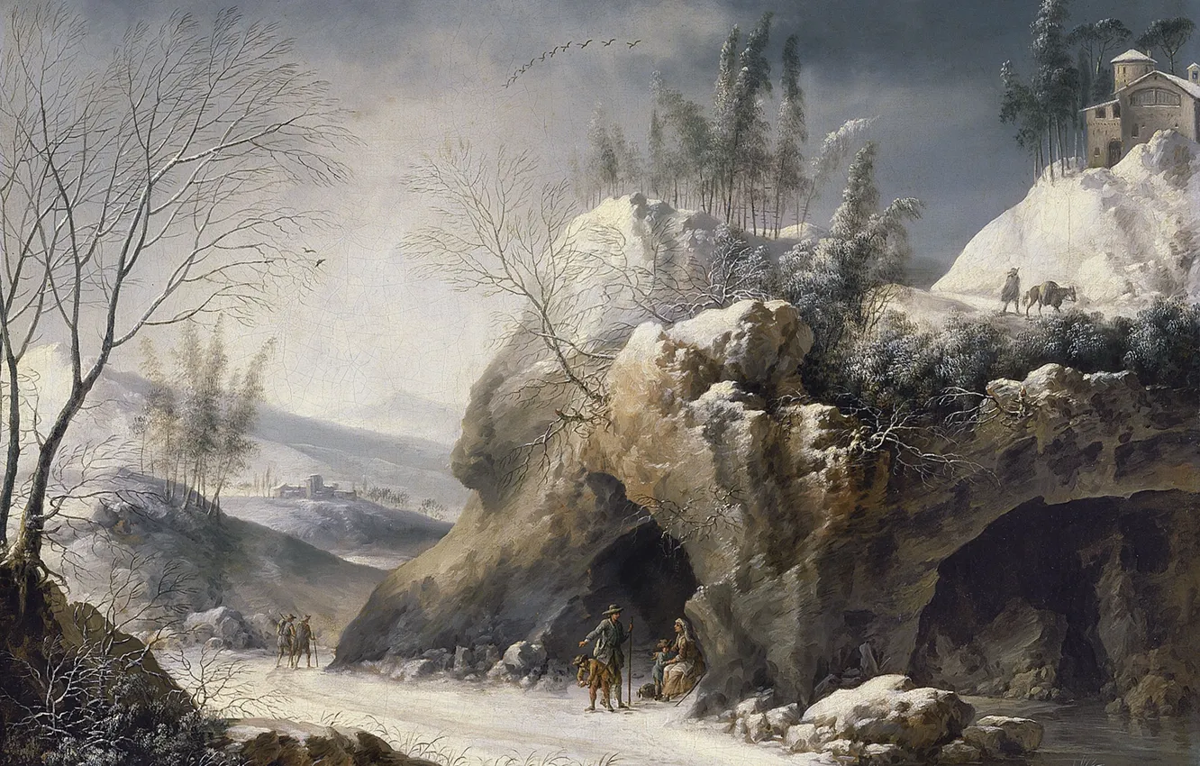 Фото обои дорога, скалы, картина, Франческо Фоски, Зимний Пейзаж с Крестьянской Семьёй