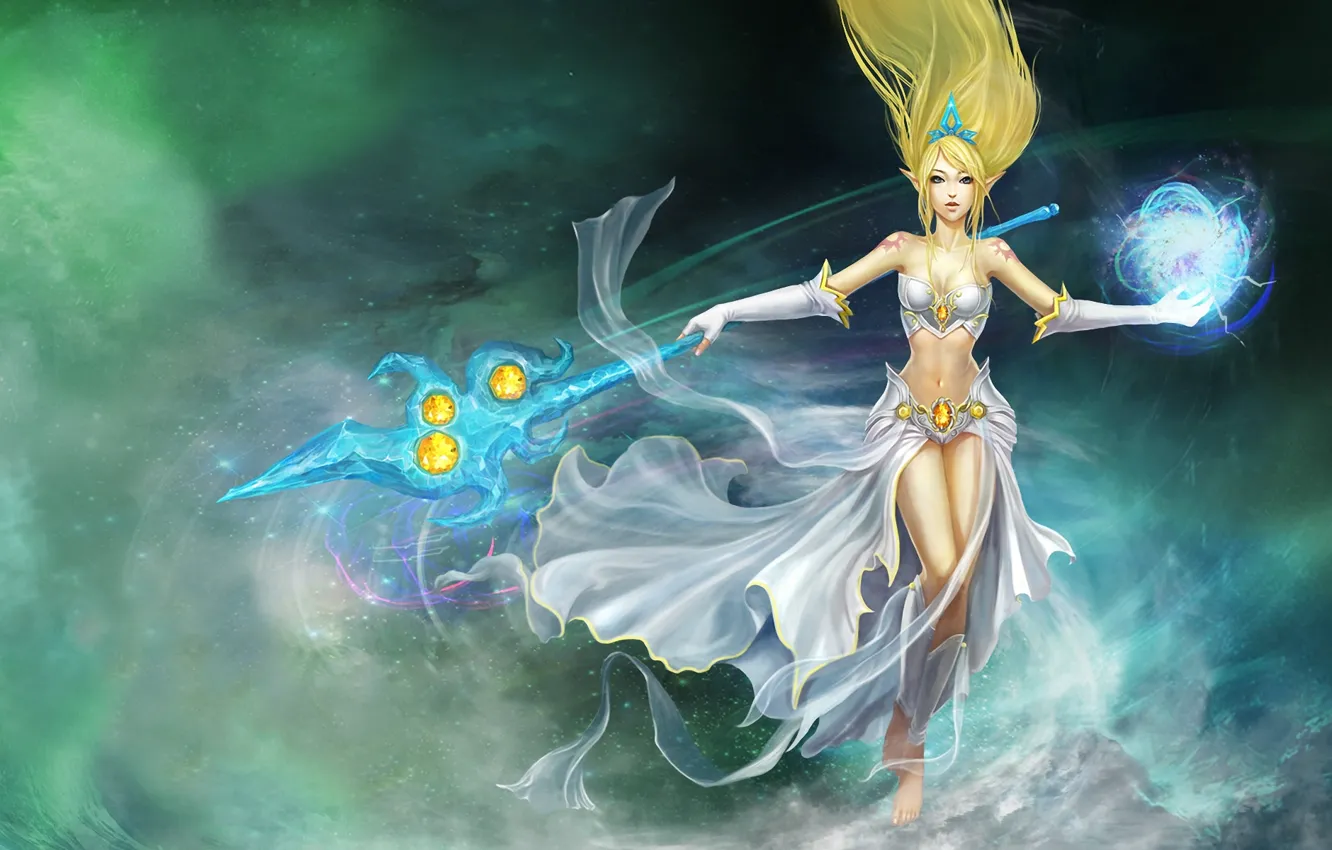Фото обои девушка, магия, эльф, тату, татуировка, посох, league of legends, Janna