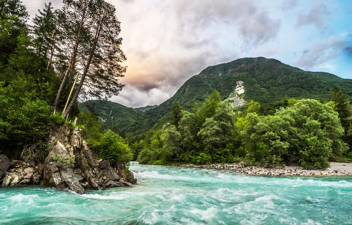 Фото обои лес, облака, деревья, горы, река, камни, течение, Словения