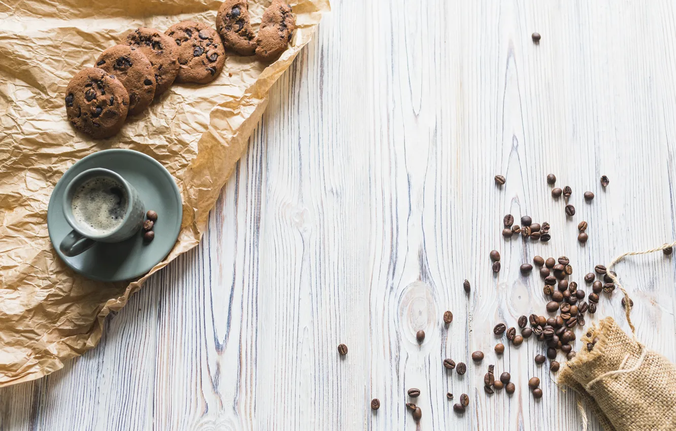 Фото обои кофе, печенье, wood, кофейные зёрна, cup, chocolate, coffee, breakfast
