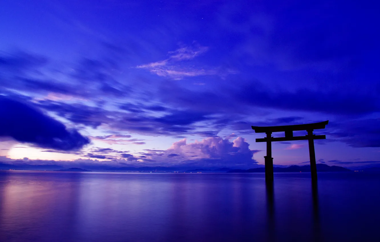 Фото обои небо, облака, пейзаж, океан, ворота, Япония, Japan, тории