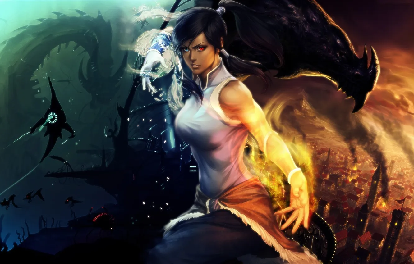 Фото обои вода, девушка, огонь, стихия, магия, дракон, здания, avatar