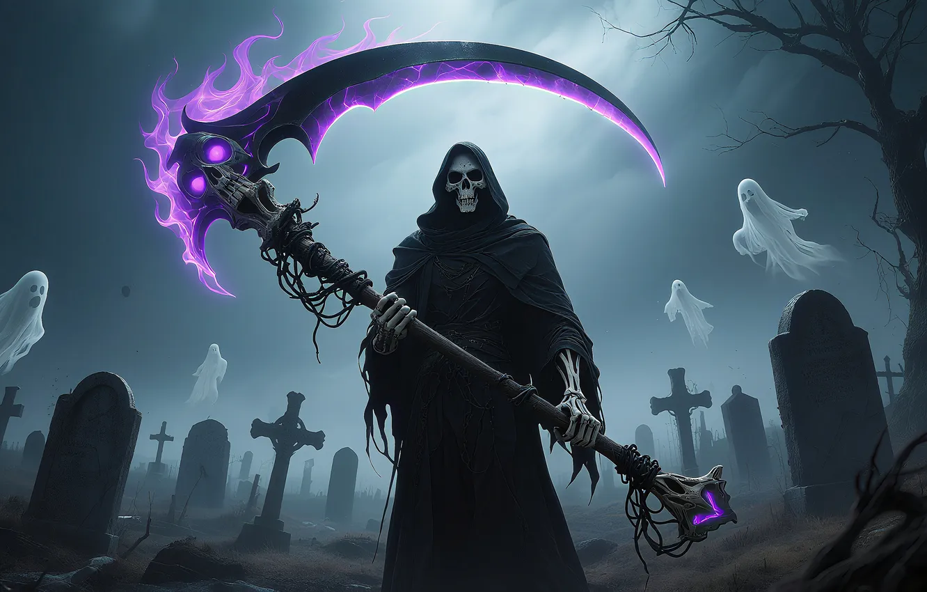 Фото обои skull, night, cemetery, death, scythe