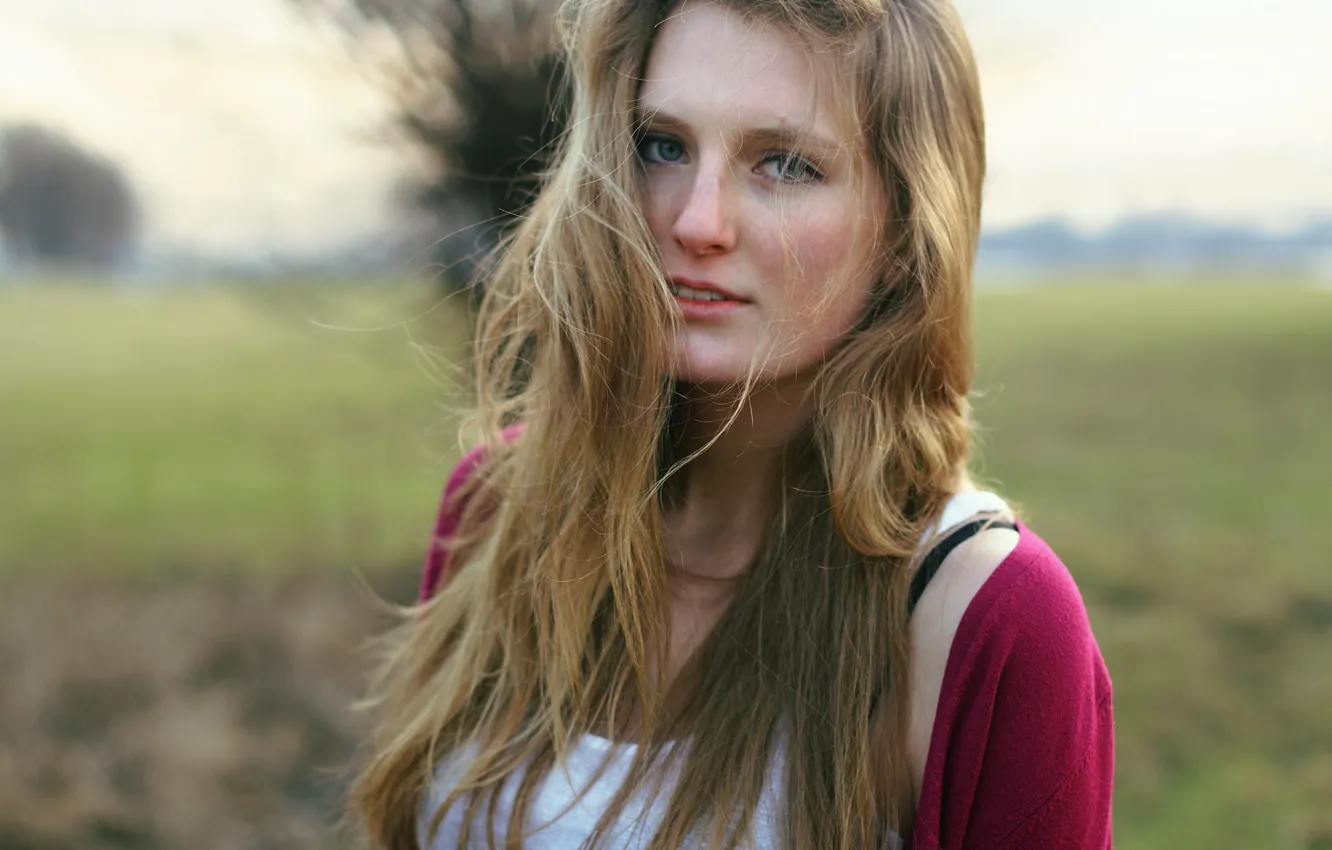 Фото обои взгляд, девушка, ветер, блондинка, сероглазая