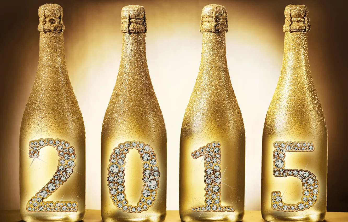 Фото обои Новый Год, бутылки, golden, шампанское, New Year, Happy, champagne, 2015
