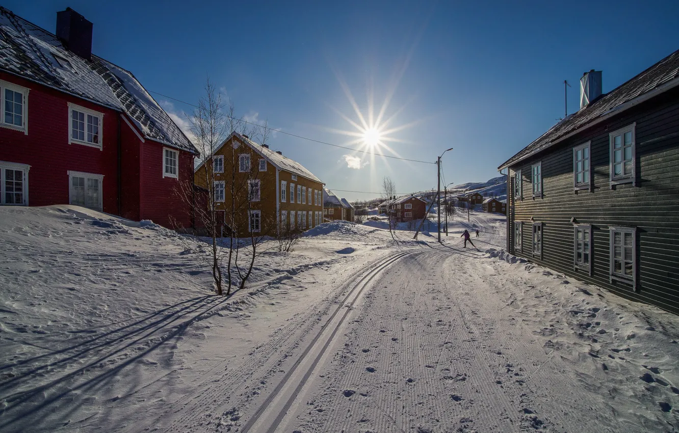 Фото обои зима, снег, улица, деревня, Норвегия