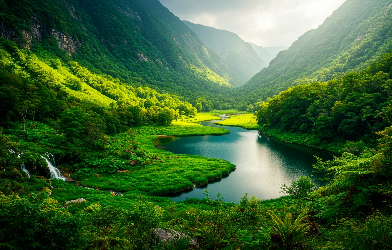 Фото обои трава, деревья, горы, природа, озеро, обои, водопад, wallpaper