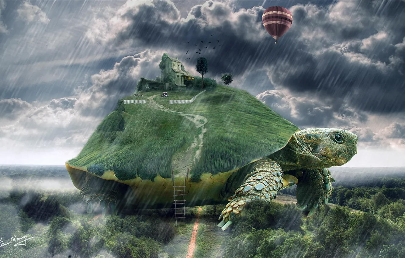 Фото обои дом, воздушный шар, дождь, черепаха, арт, лестница, гигантская