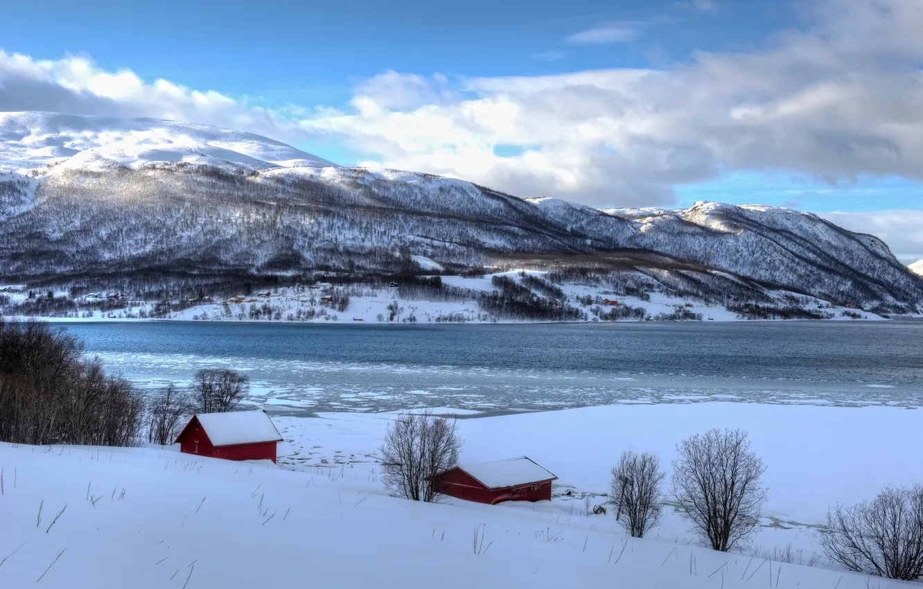 Фото обои море, снег, домики, Norwegian Winter