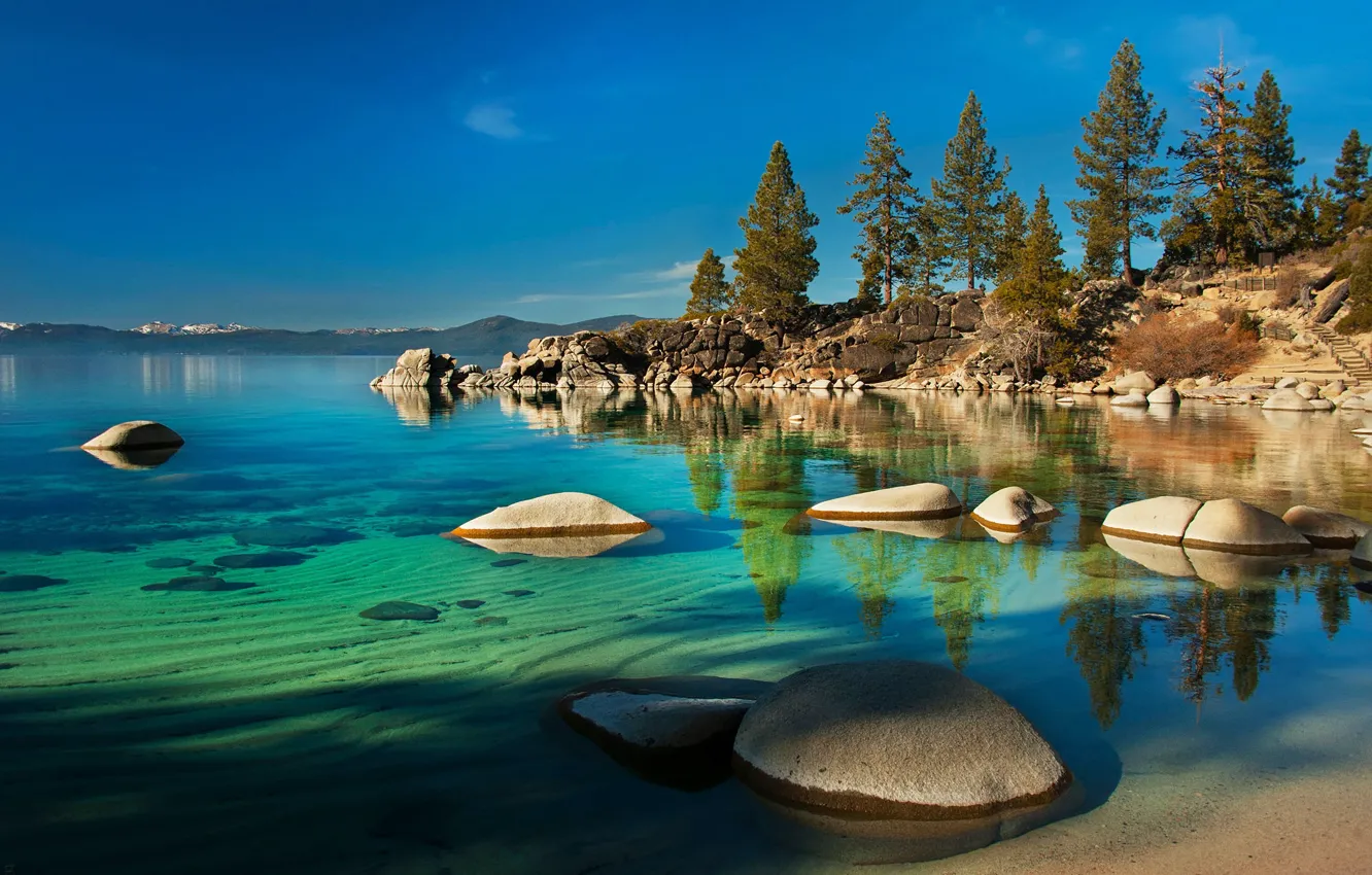Фото обои озеро, Невада, Nevada, lake Tahoe, камни в воде