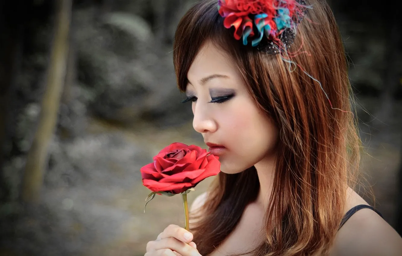 Фото обои girl, red rose, model, brunette, asian, cute, Mikako, Zhang Kaijie