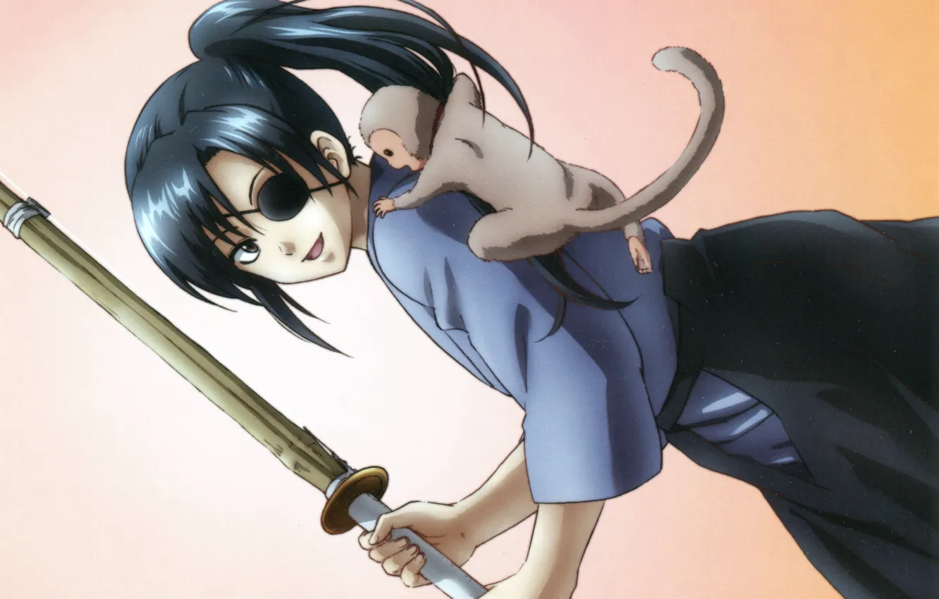 Фото обои улыбка, обезьяна, девочка, повязка на глаз, Gintama, Гинтама, Kyubei Yagya, бамбуковый меч