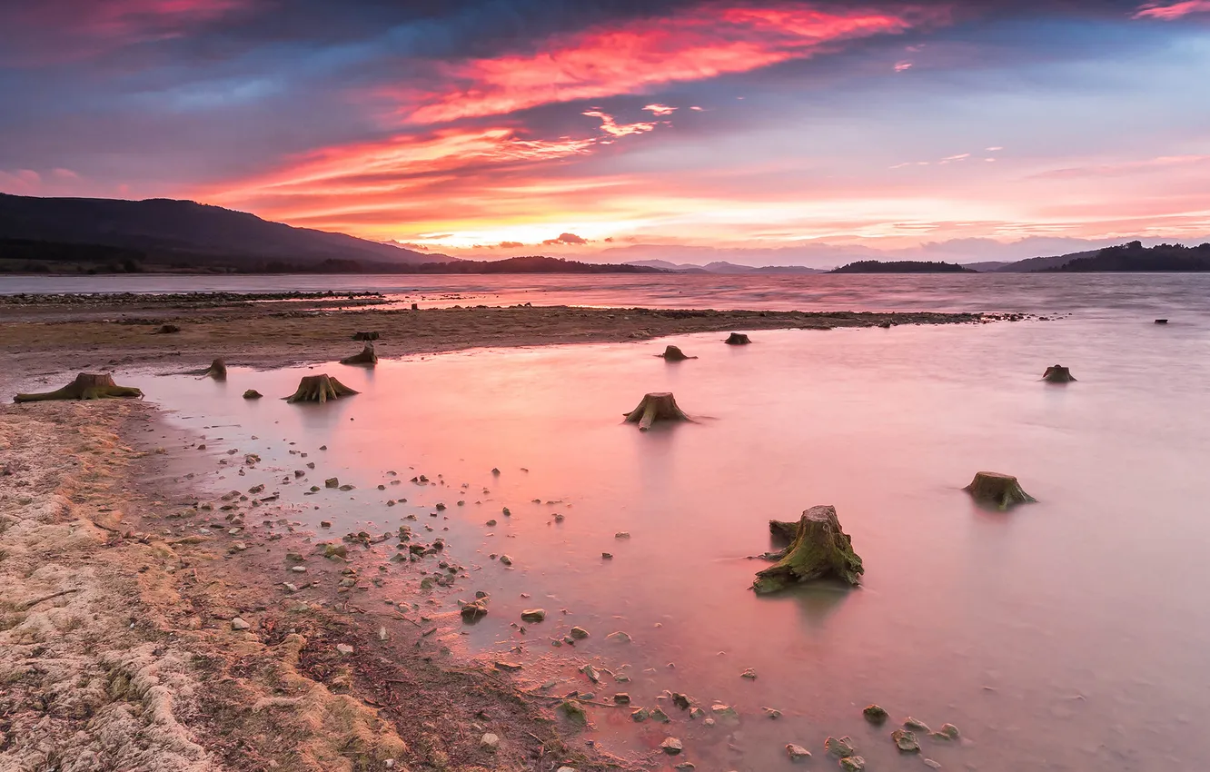 Фото обои sky, sunset, lake, hills