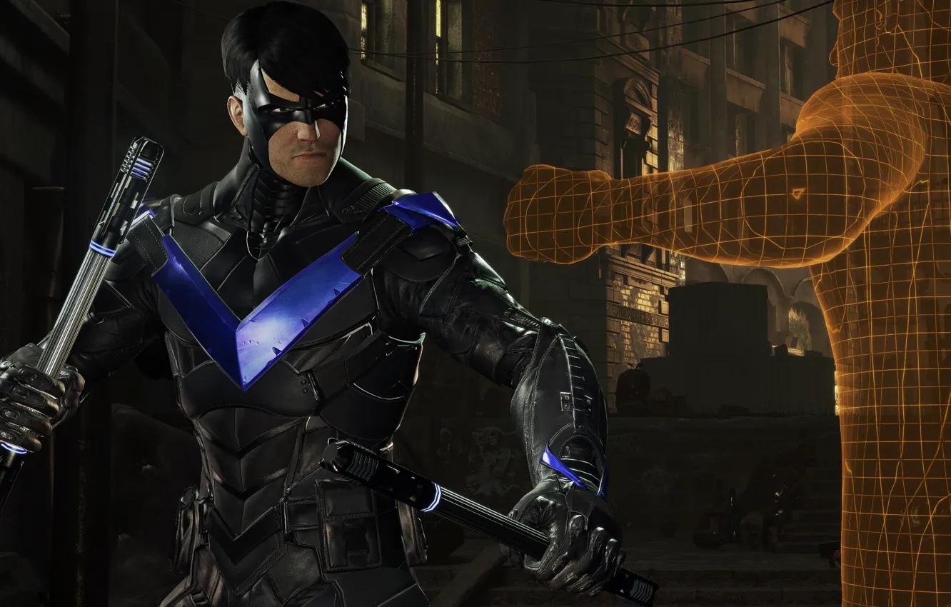 Фото обои logo, game, hero, DC Comics, yuusha, Nightwing, VR, Batman Arkham VR