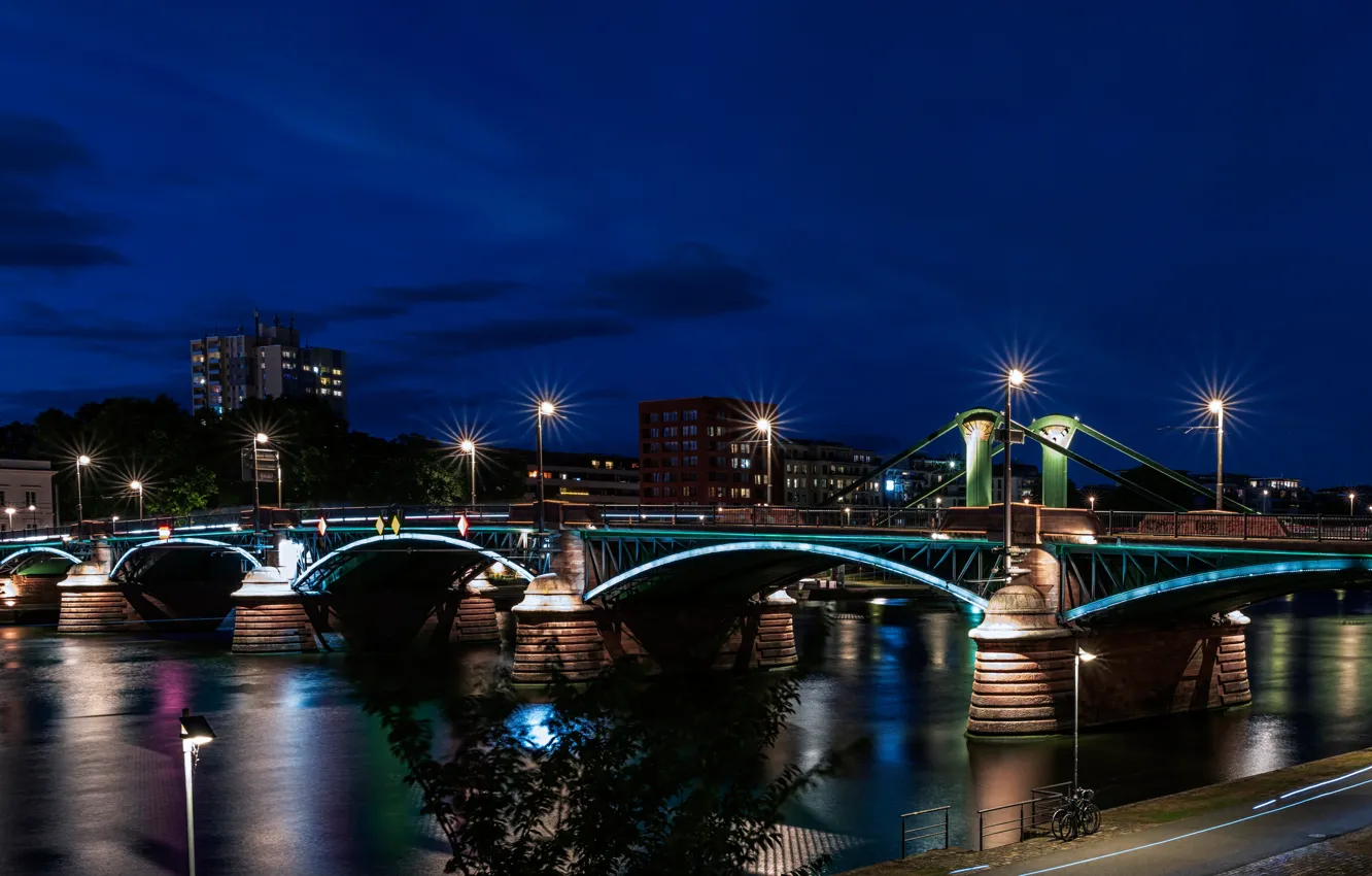 Фото обои ночь, мост, огни, река, дома, Германия, фонари, набережная