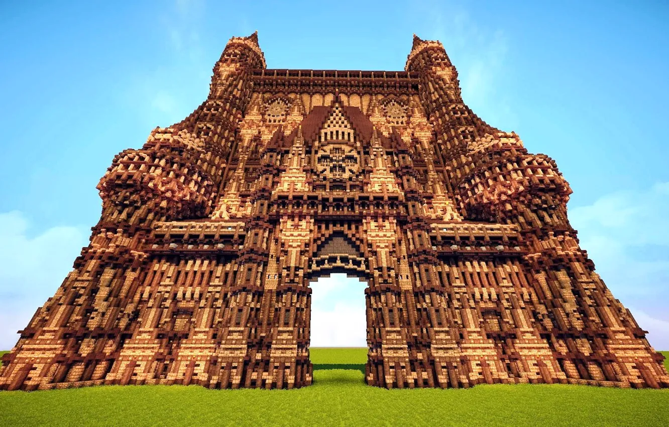 Фото обои поле, небо, трава, блоки, собор, архитектура, строение, Minecraft