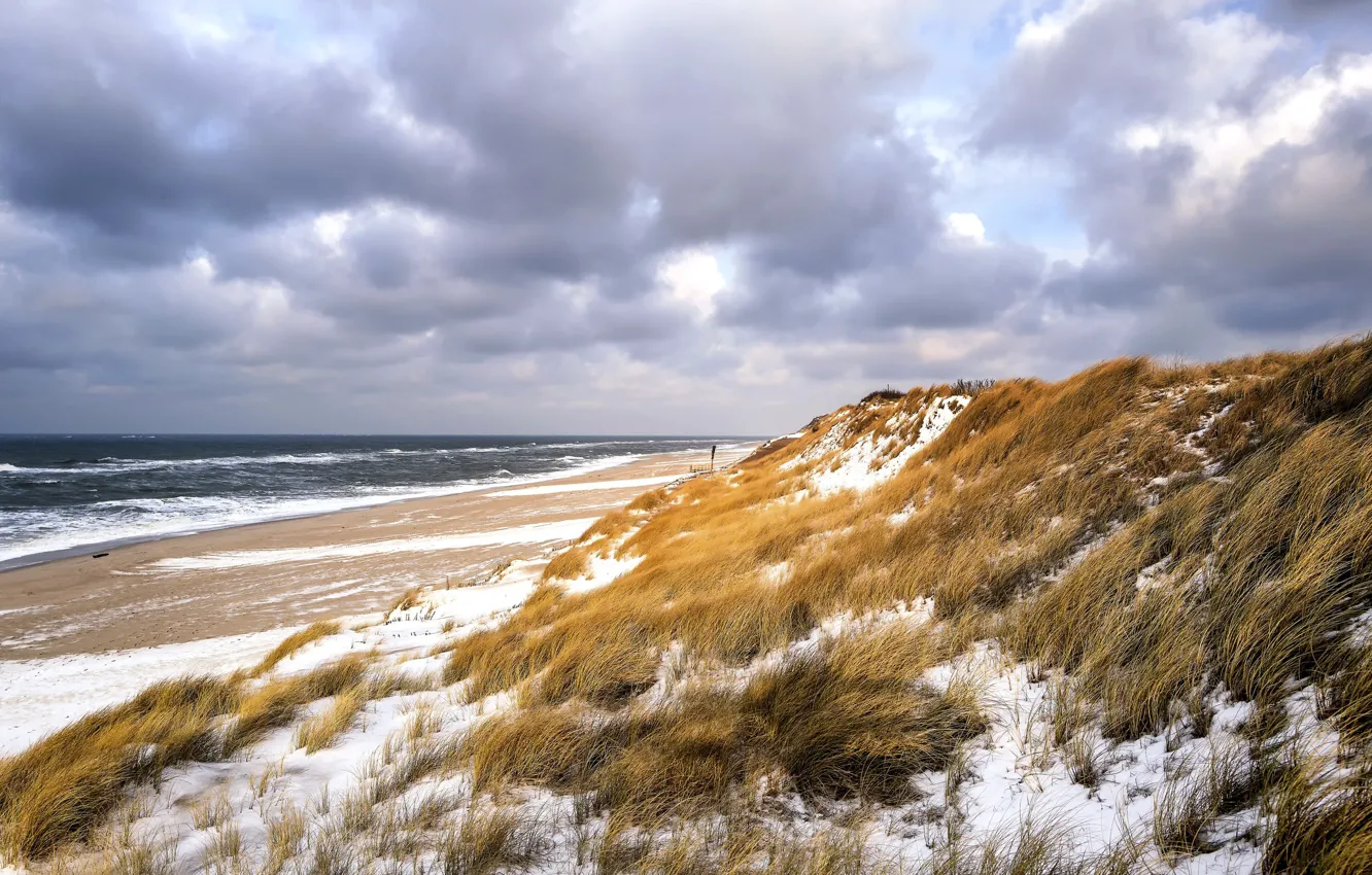 Фото обои зима, море, пляж, дюны