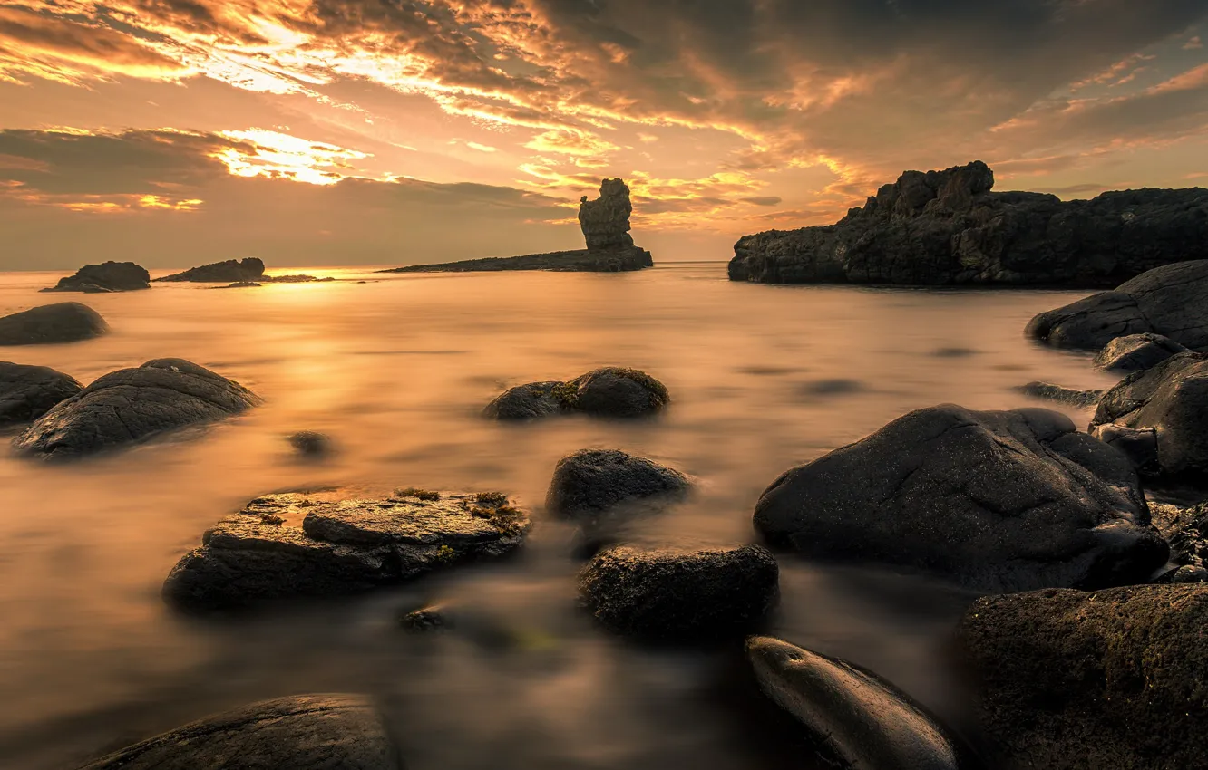 Фото обои море, закат, камни, скалы