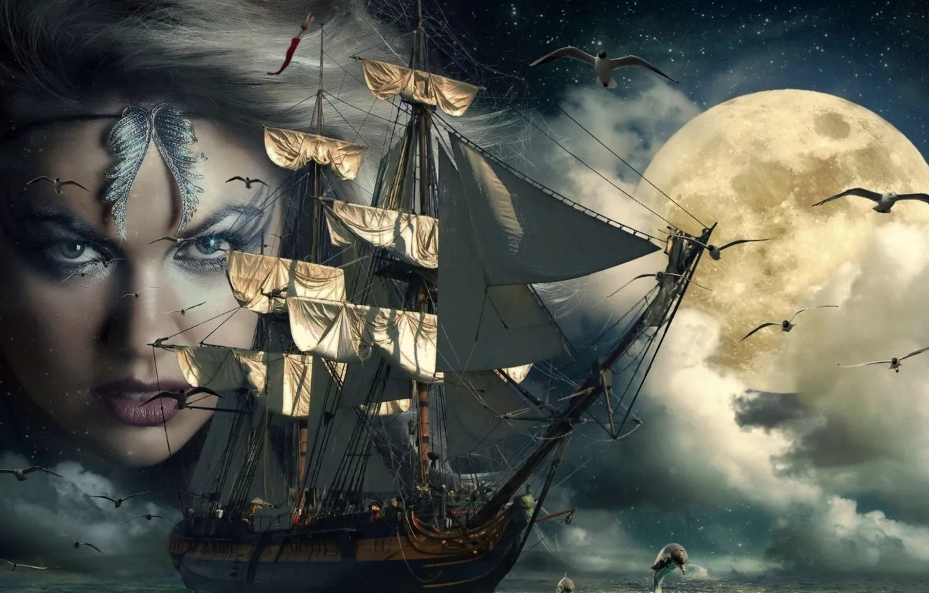 Фото обои море, лицо, туман, океан, луна, чайки, парусник, арт