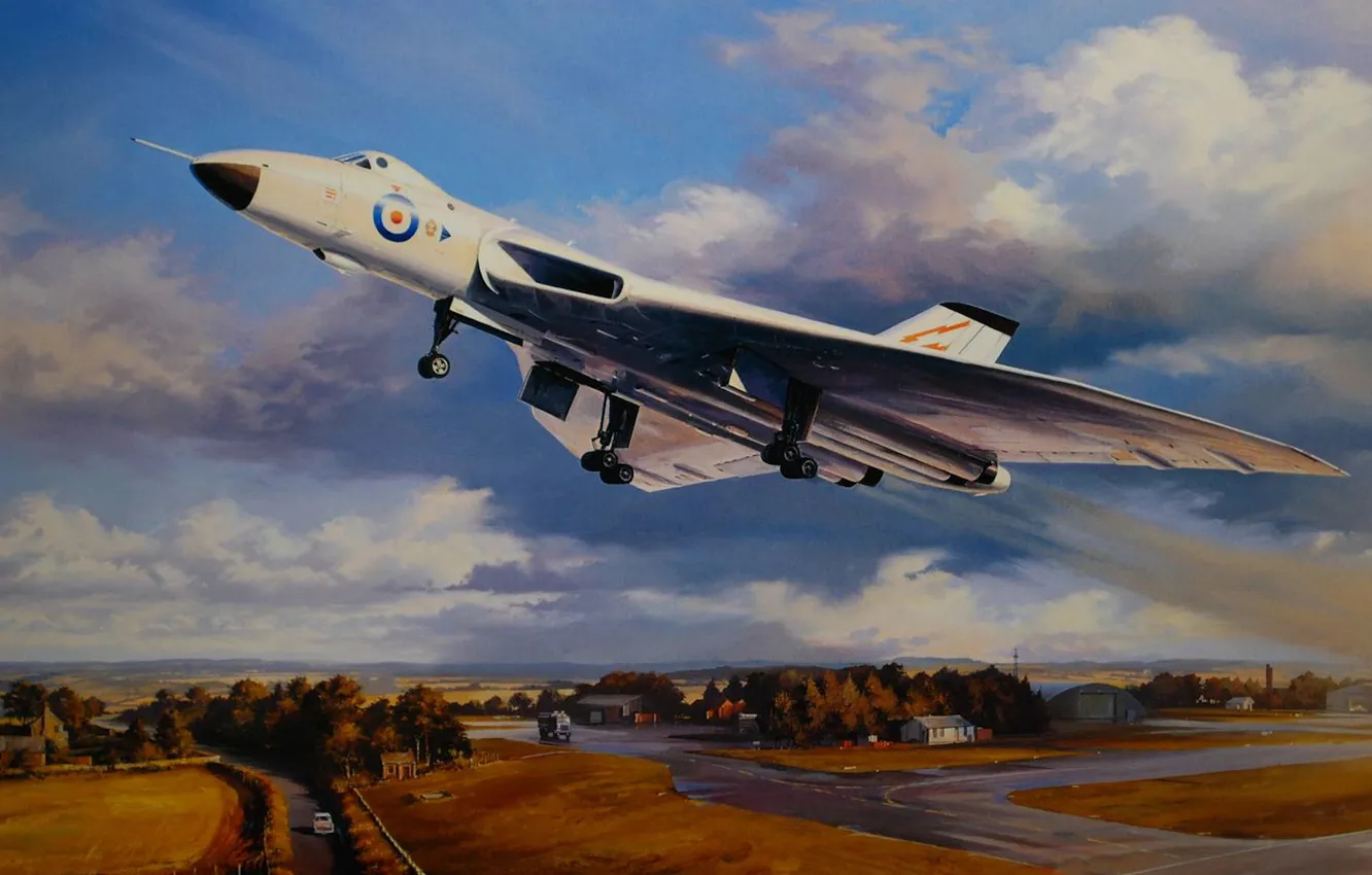 Фото обои рисунок, арт, взлёт, Royal Air Force, Avro, Vulcan, британский стратегический бомбардировщик