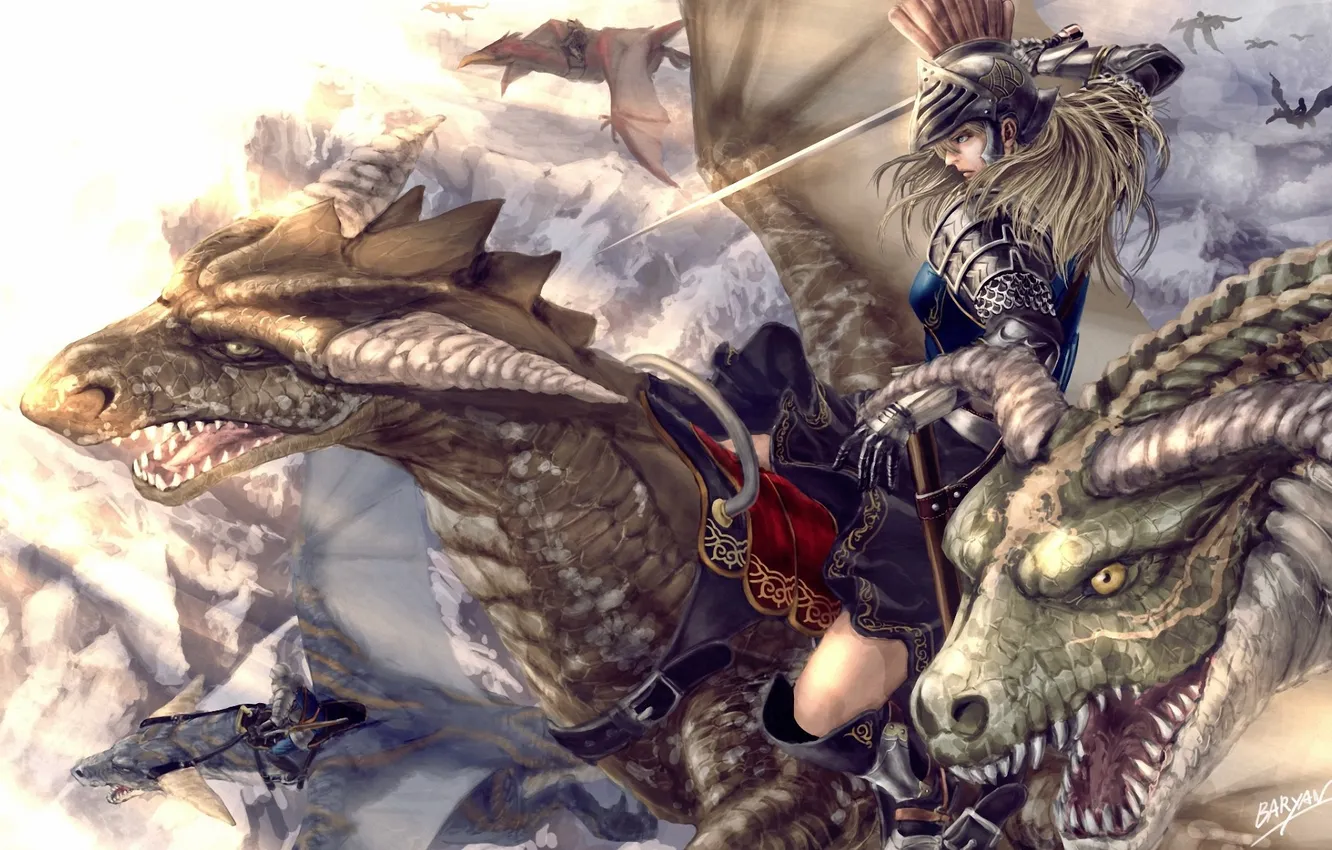 Фото обои девушка, оружие, драконы, меч, арт, шлем, всадники, доспех