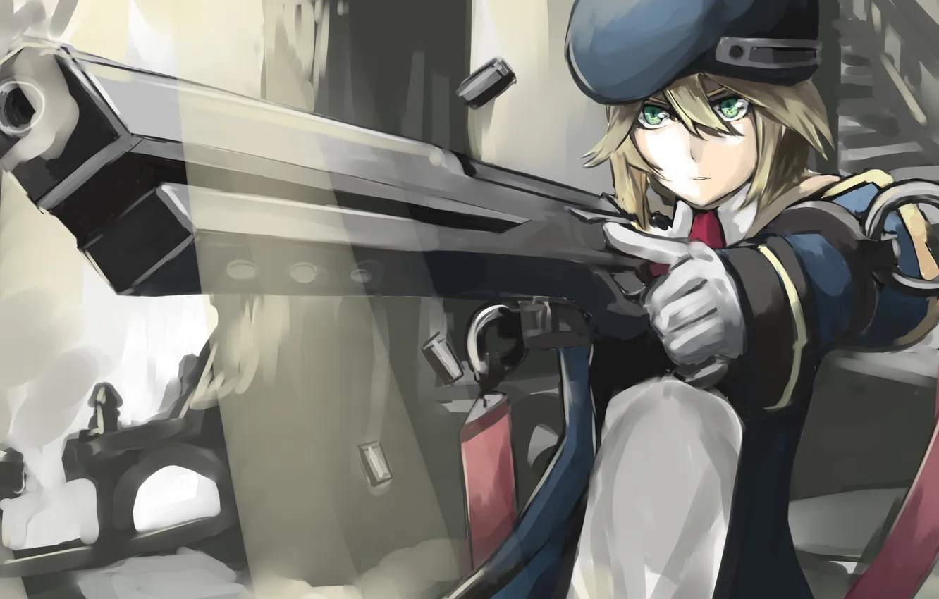 Фото обои девушка, пистолет, оружие, шапка, арт, форма, пули, blazblue