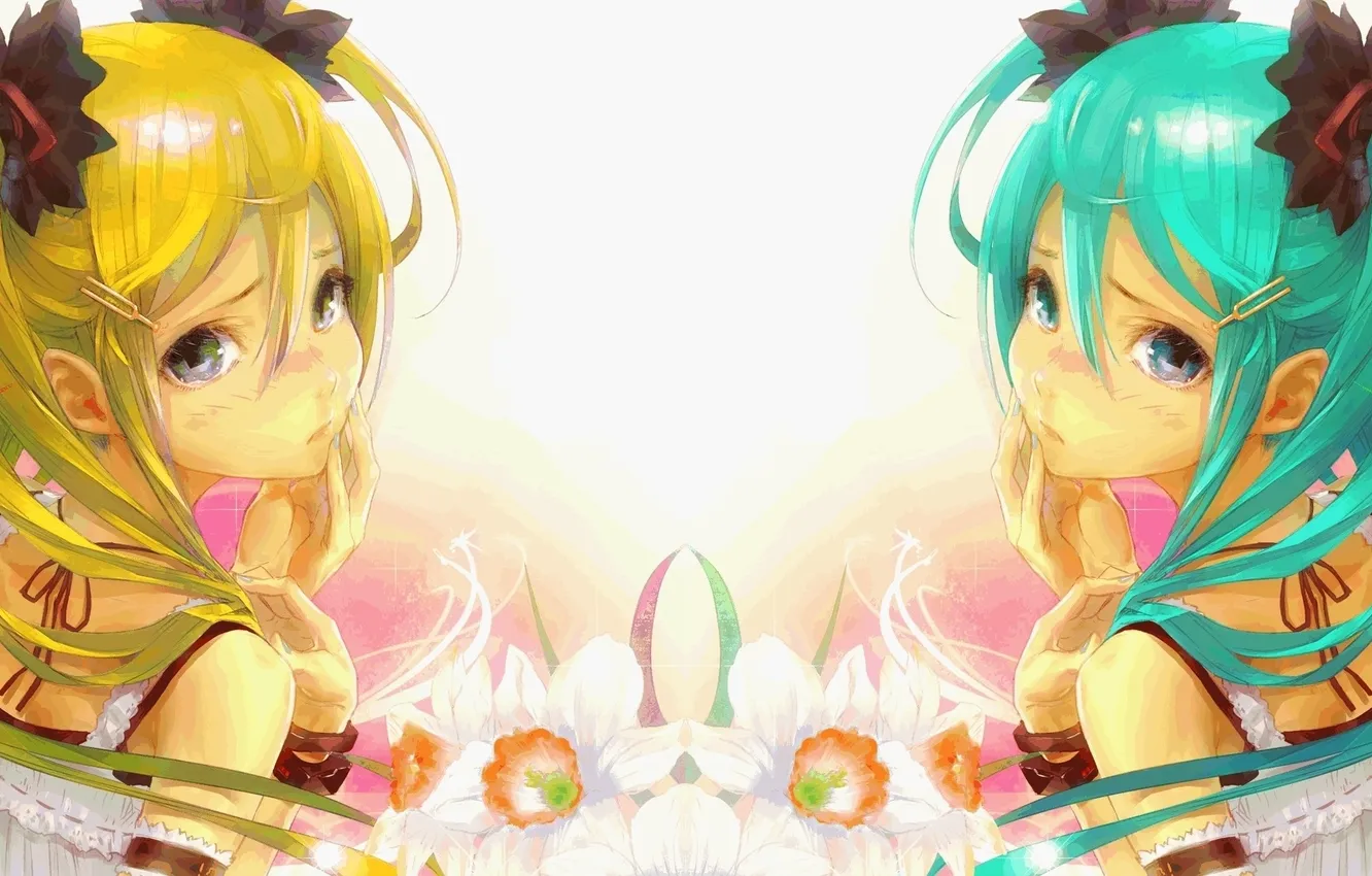 Фото обои взгляд, девушка, цветы, отражение, арт, vocaloid, hatsune miku