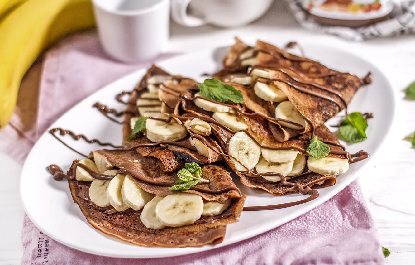Фото обои шоколад, бананы, блинчики