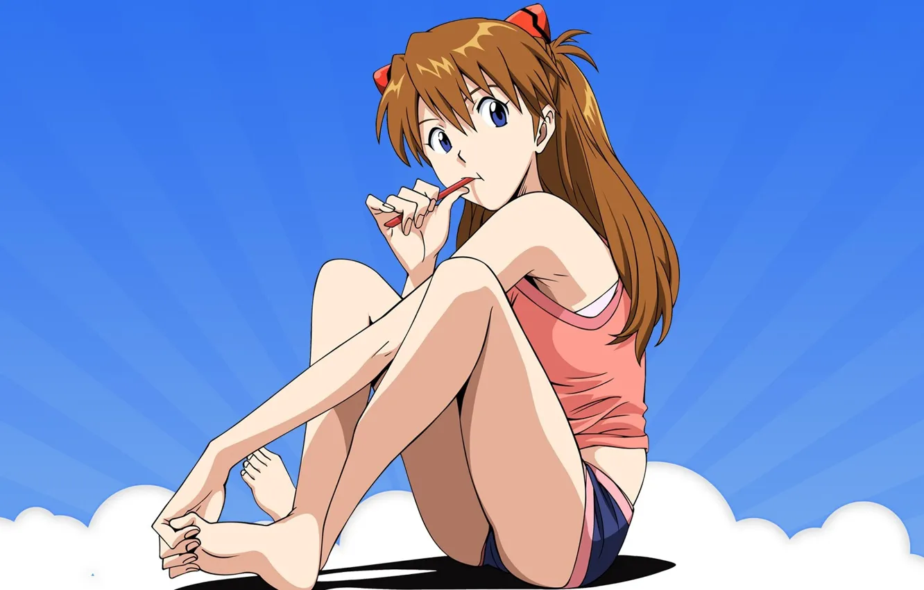 Фото обои Neon Genesis Evangelion, legs, girls, anime, Asuka Langley Soryu, cartoon, illustration, feet
