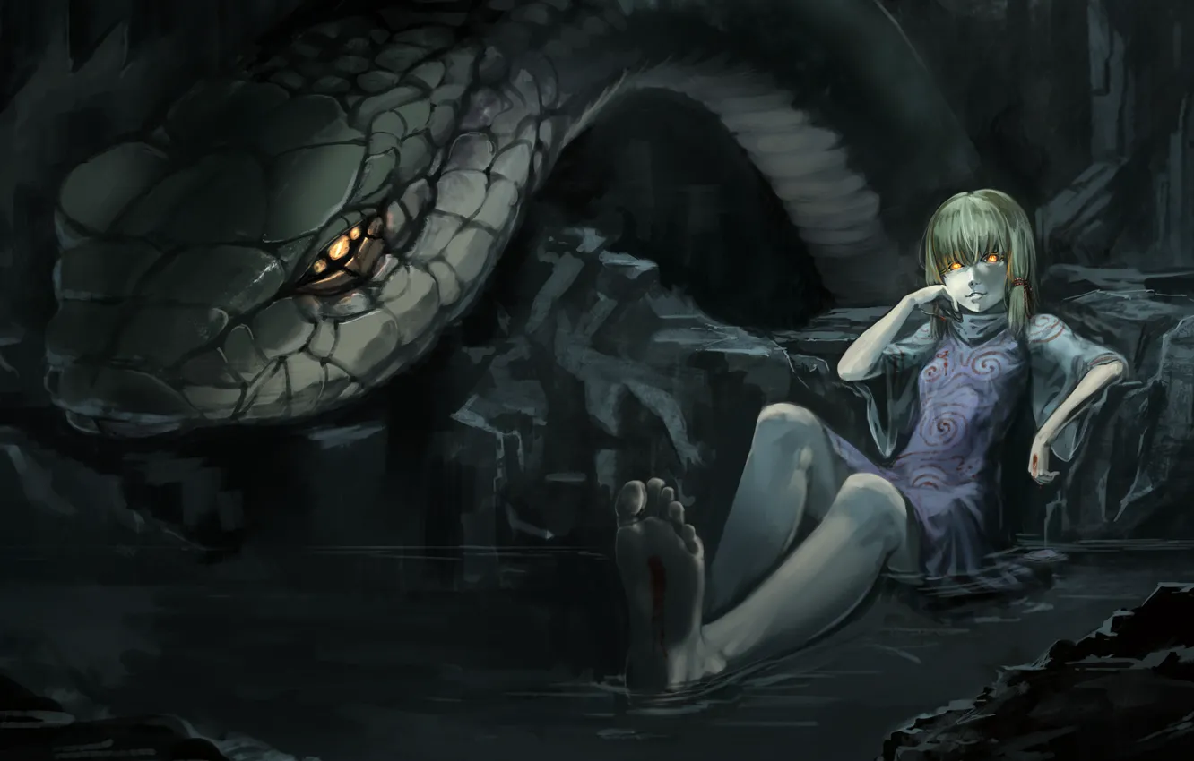 Фото обои вода, девушка, кровь, змея, змей, пещера, touhou, горящие глаза
