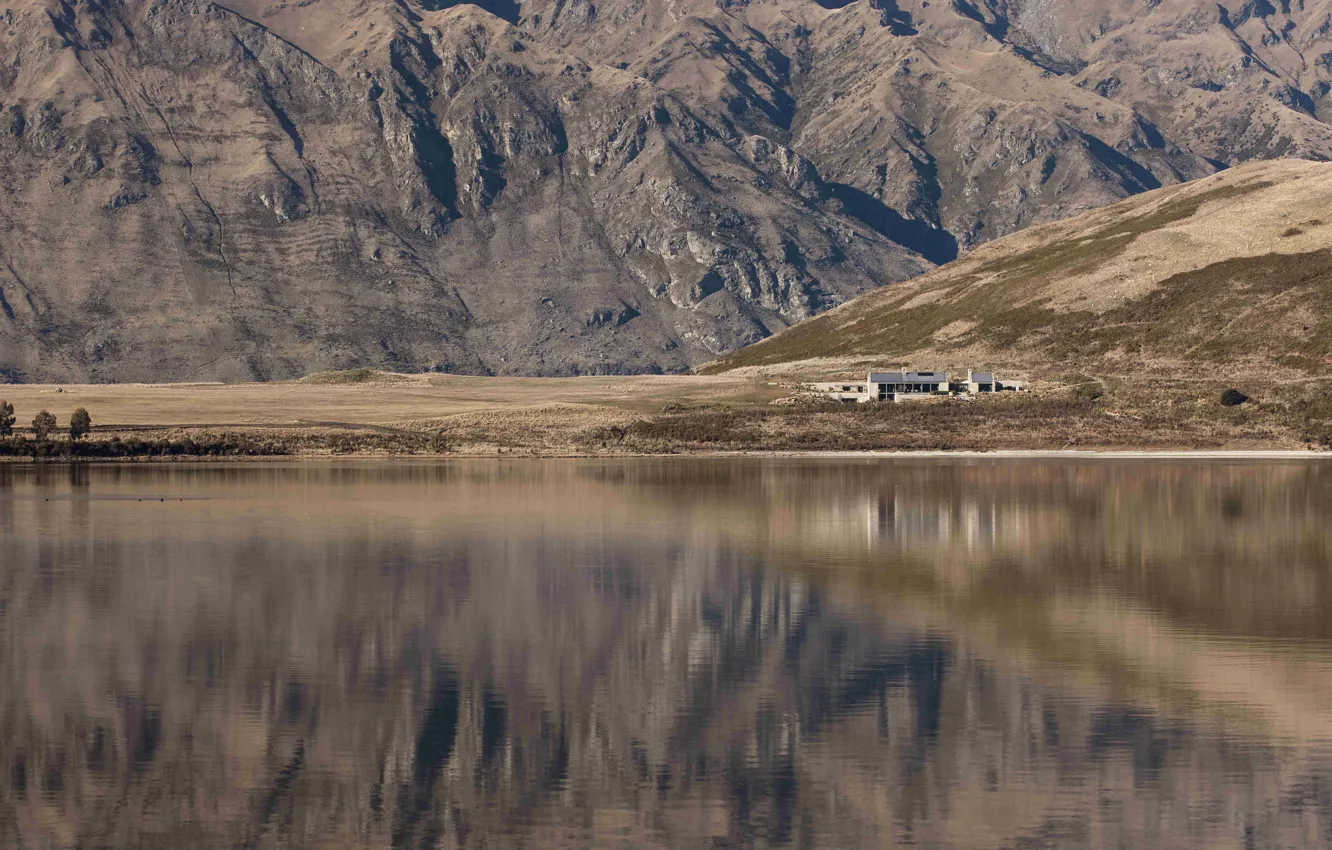 Фото обои горы, озеро, Новая Зеландия, lake, ферма, reflection, Piwakawaka
