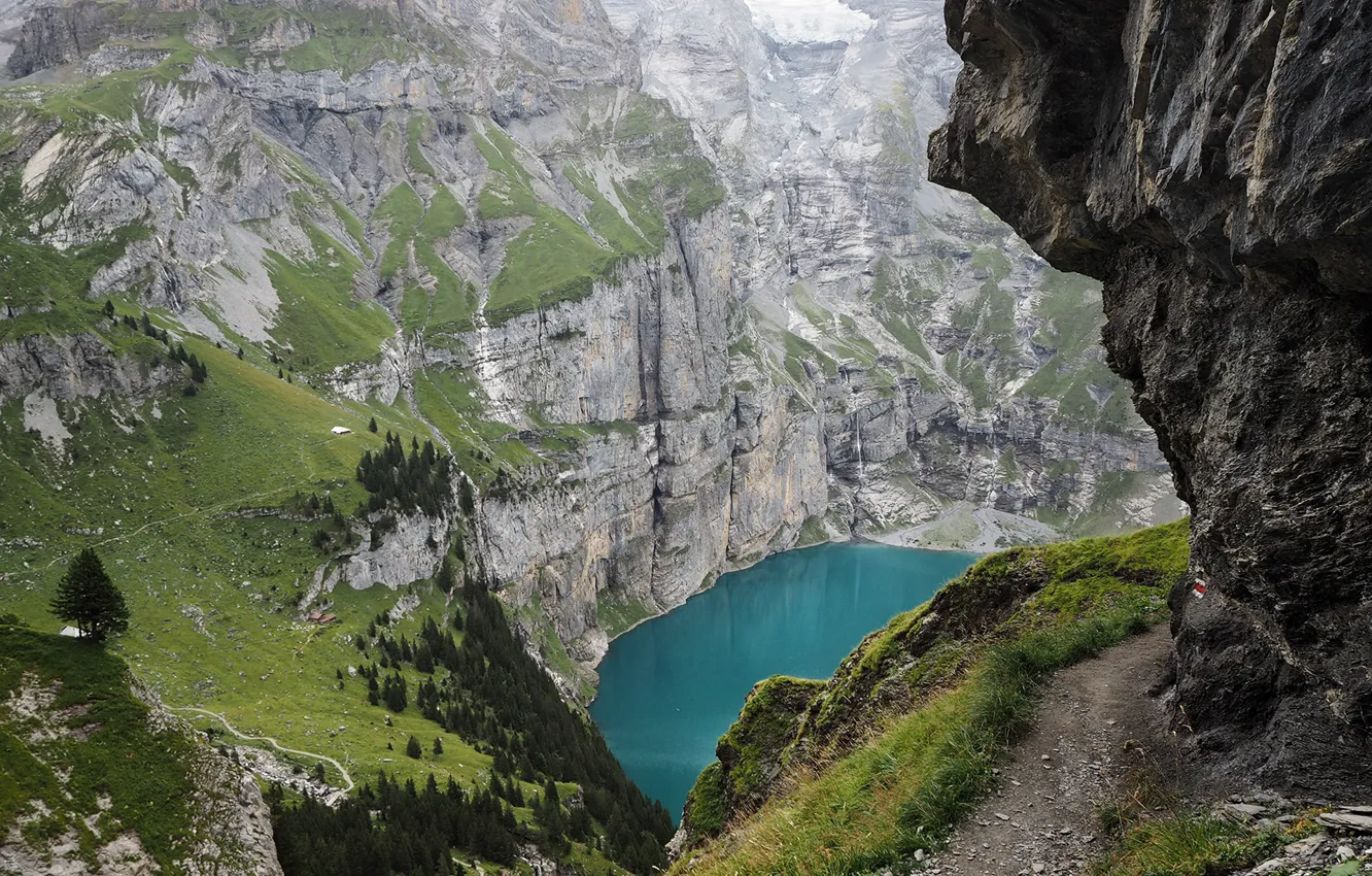 Фото обои горы, тропа, Switzerland, водоём, Озеро Oeschinensee