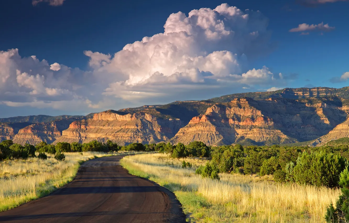 Фото обои дорога, облака, горы, рассвет, юта, utah