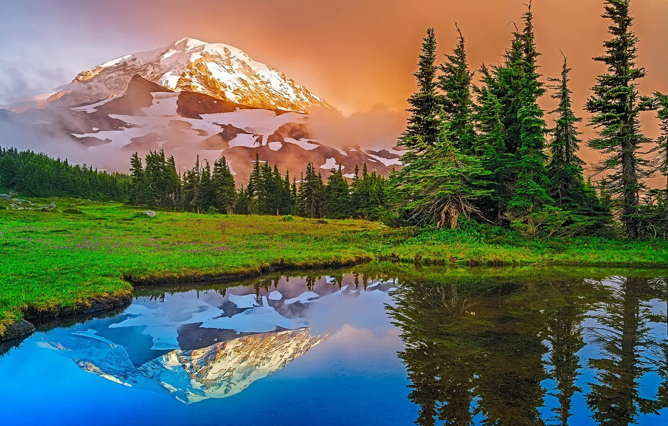 Фото обои деревья, горы, озеро, отражение, США, штат Вашингтон