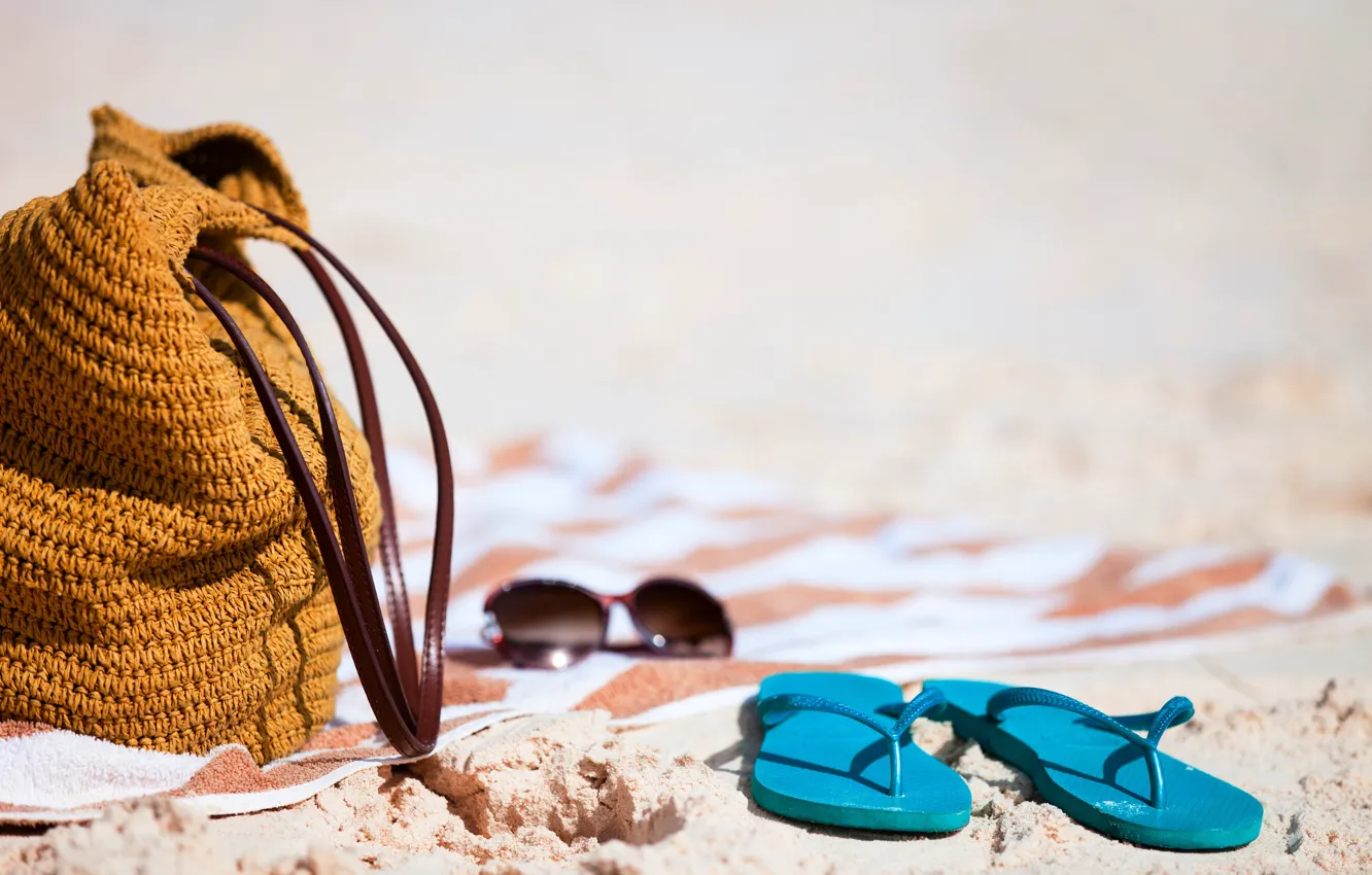 Фото обои песок, пляж, лето, солнце, очки, summer, сумка, beach