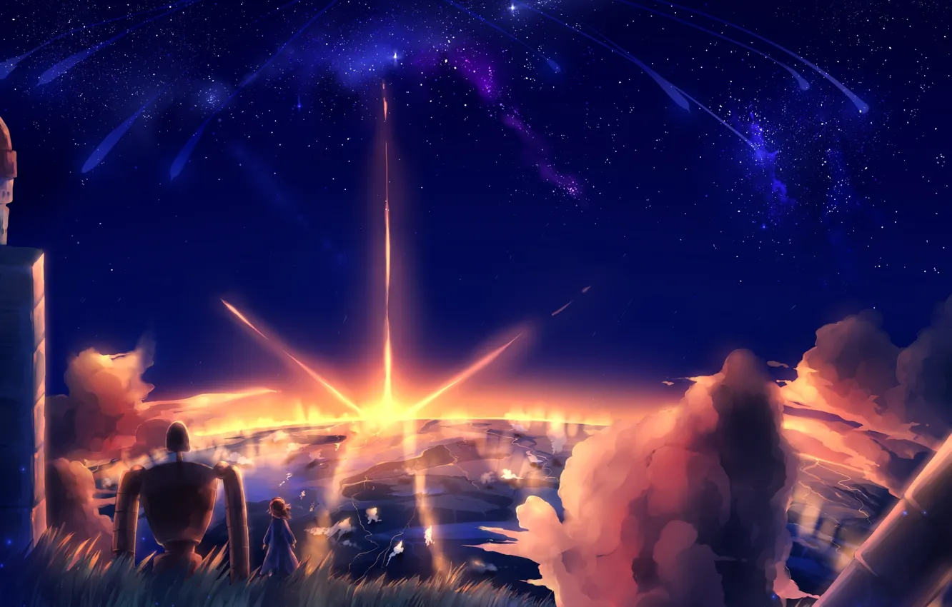 Фото обои небо, звезды, облака, закат, природа, робот, аниме, арт