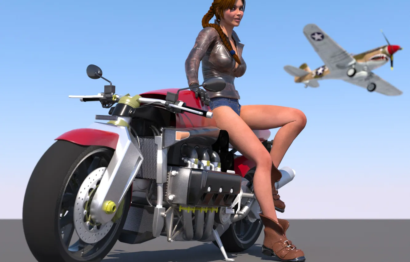 Фото обои девушка, самолет, рендеринг, визуализация, арт, мотоцикл, небе, 3d.