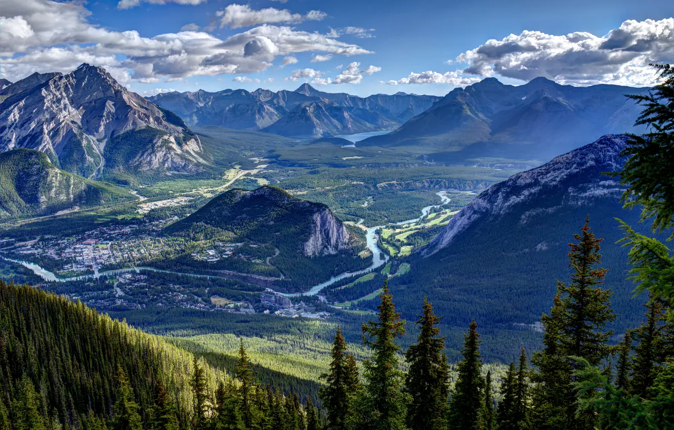 Фото обои лес, небо, облака, горы, река, долина, панорама, Banff National Park