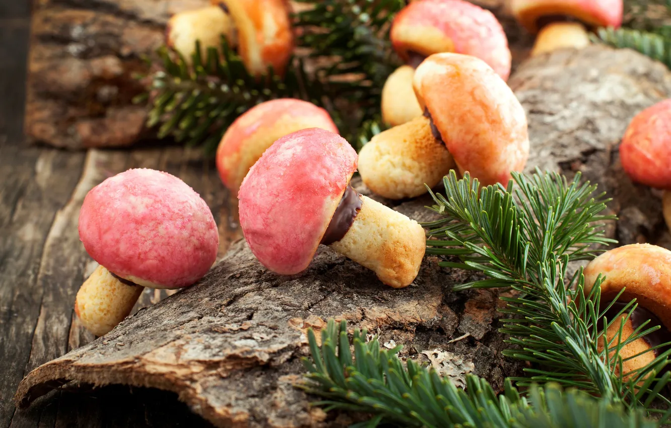 Фото обои зима, ветки, грибы, еда, печенье, сладости, грибочки, десерт
