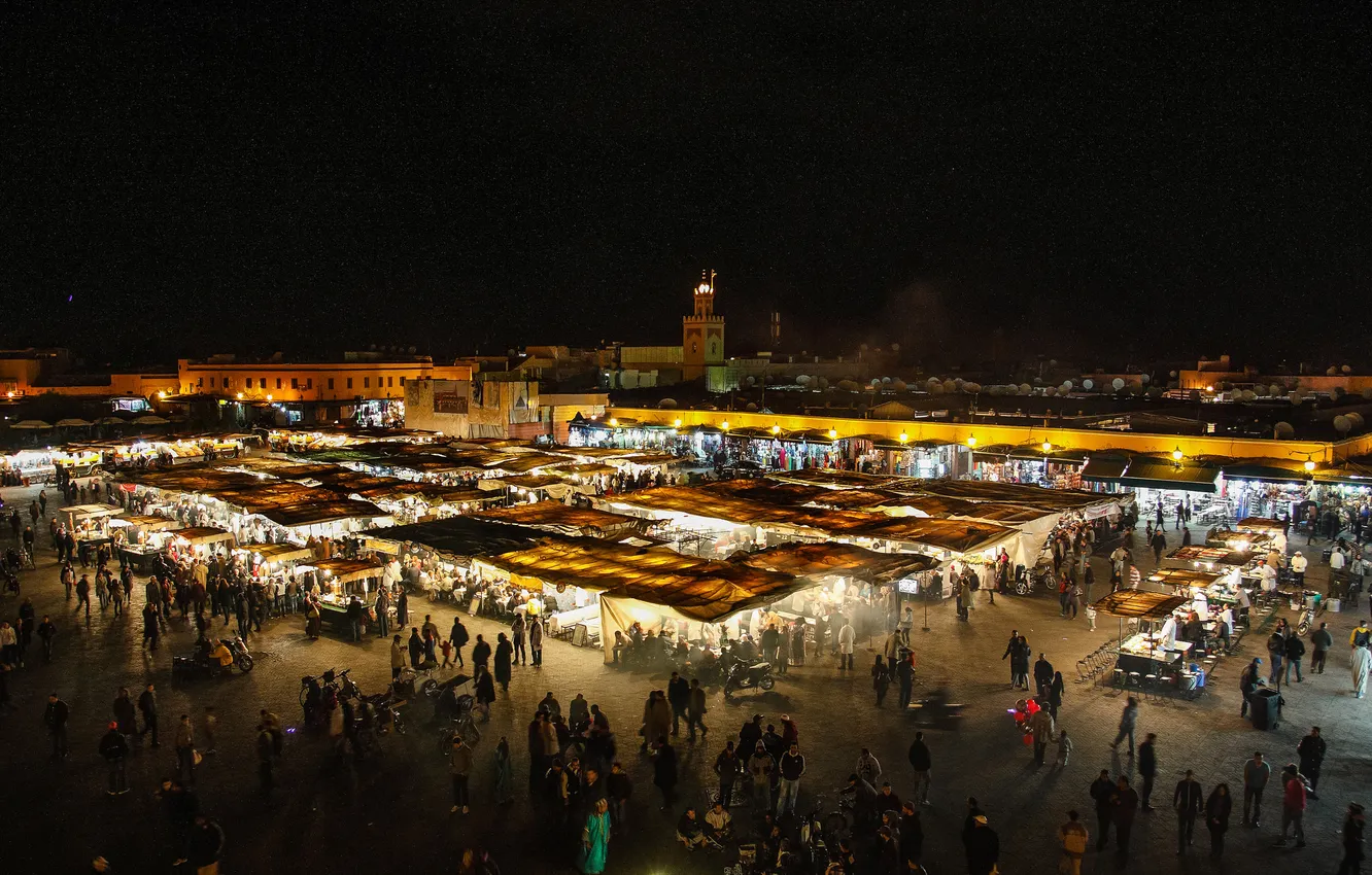 Фото обои ночь, огни, площадь, базар, Марокко, Марракеш